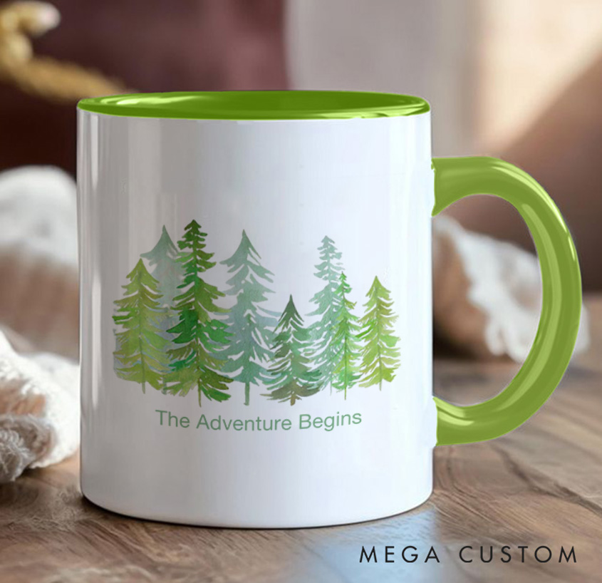Personalized the Adventure Begins Mug Forest Camping Rustic Mountain Mug Gift for Travel Hiking Outdoors Lovers