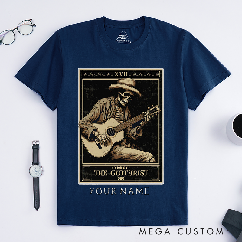 Personalized Tarot Lovers Classic T-Shirts Skeleton Guitarist Classic T-Shirts Vintage Cowboy Acoustic Guitar Tee for Magic Lover