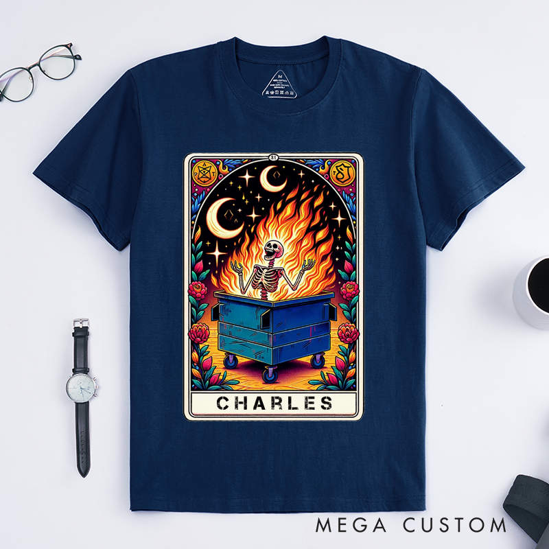 Personalized Tarot Lovers Classic T-Shirts Custom Name Dumpster Fire Skeleton Emotional Gift for Magic Lover Present