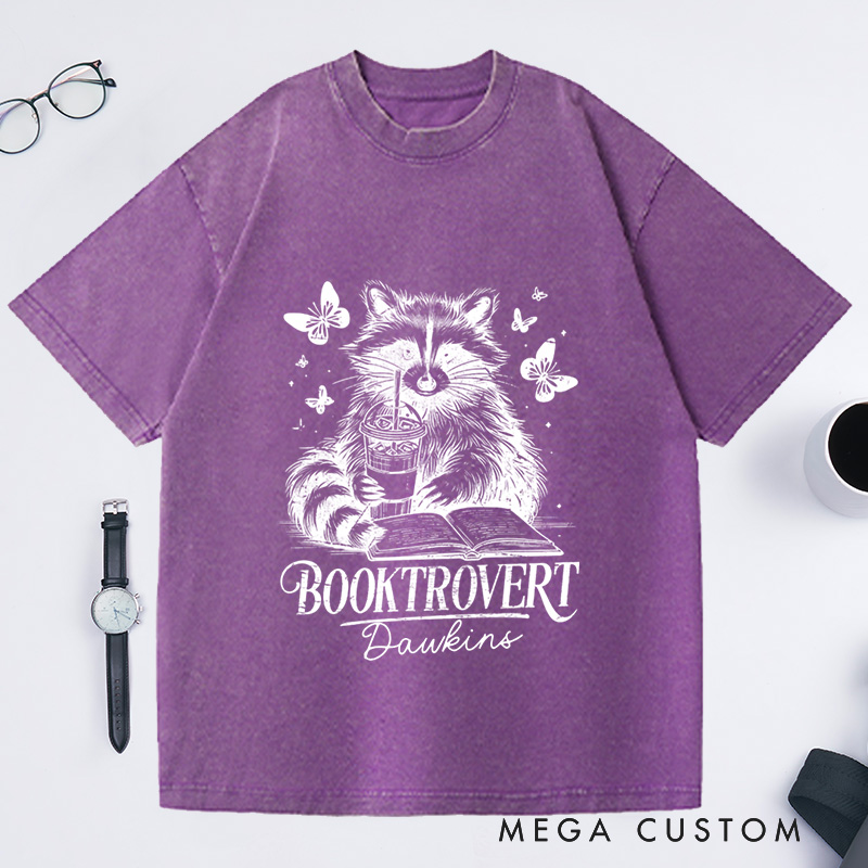 Personalized Booktrovert Washed T-Shirts Funny Book Lover Reading Raccoon Trendy Bookish Book Lover Gift 
