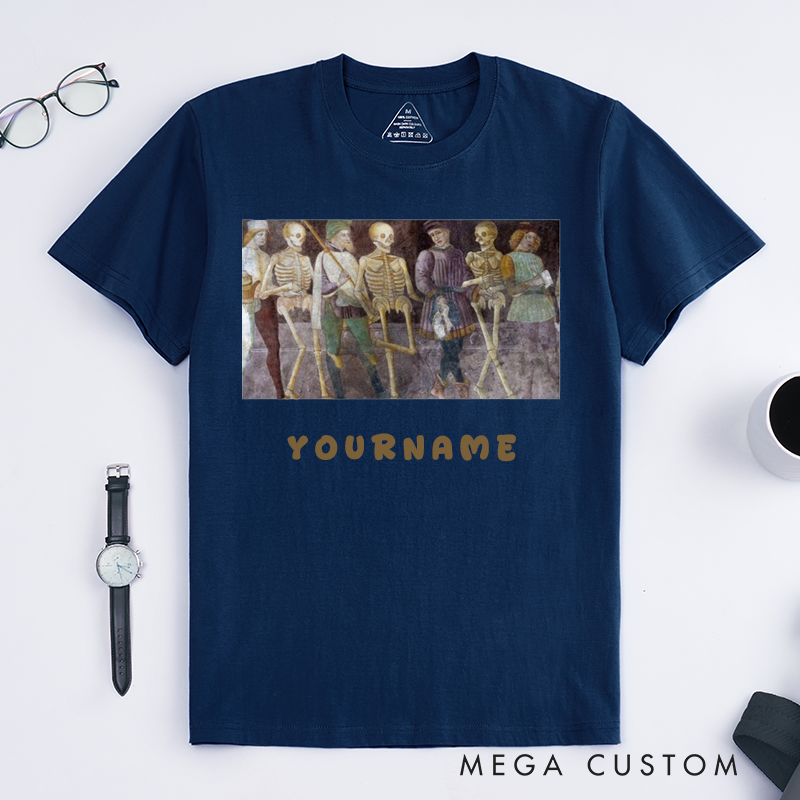 Personalized Medieval Dance of Death Skeleton Art T-Shirts Unique Gothic Renaissance Unisex Gift for Dance Lovers Macabre Aesthetic Custom Halloween Apparel