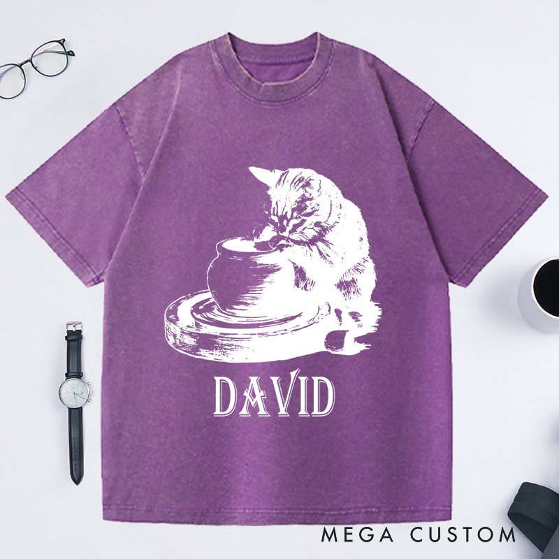 Personalized Cat Pottery Washed T-Shirts Pottery Lover T-Shirt Funny Cat Woman Shirt Weird Animals Shirts Vintage 90s Tattoo Graphic Tee