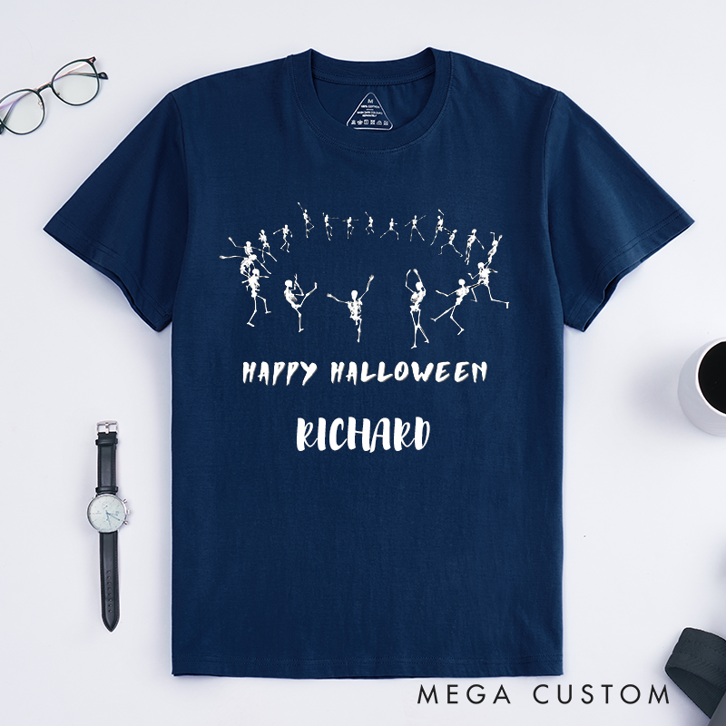 Personalized Dancing Skeletons Halloween T-Shirts Unique Spooky Skeleton Dance Custom Name Happy Halloween Gift for Men Friends Family