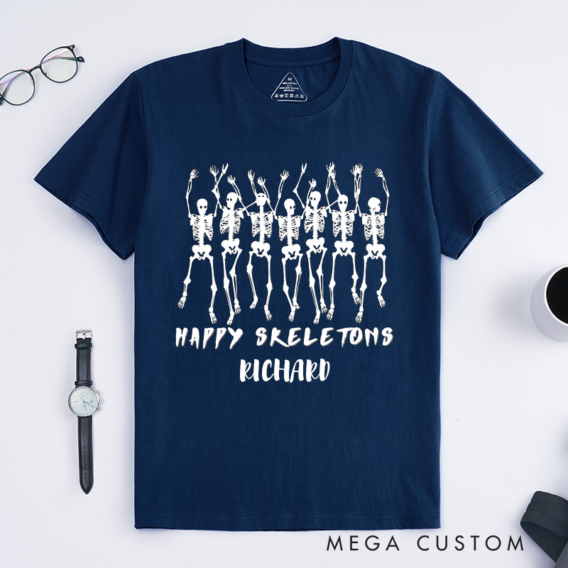 Personalized Happy Skeletons Dancing T-Shirts Funny Skeleton Graphic Tee Unique Halloween Gift for Men Friends Custom Name Skeleton Shirt