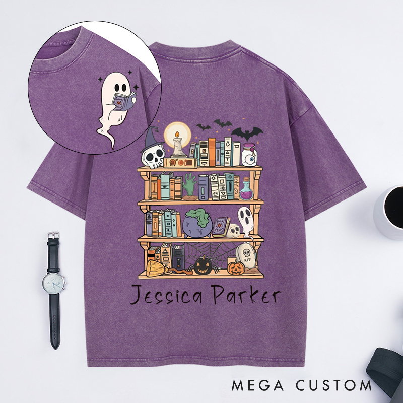 Personalized Ghost Book Reader Washed T-Shirts Halloween Library Shirt Halloween Reading Tee Book Lover Gift Skeleton Book Club Reading Shirts