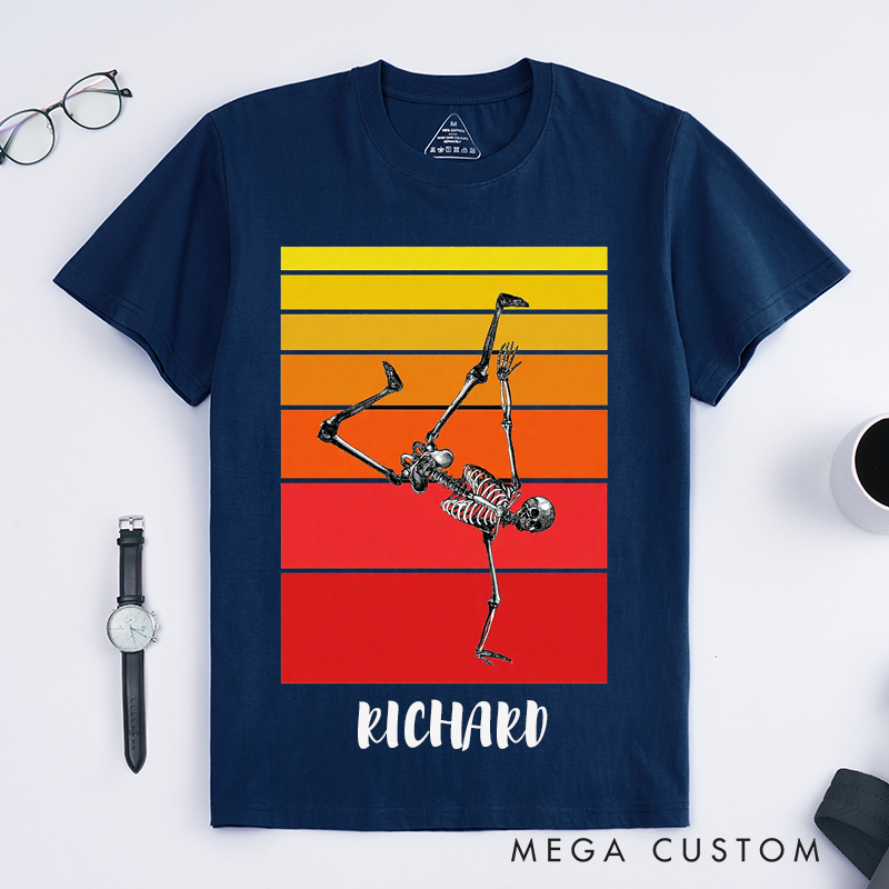 Personalized Skeleton Street Dance Pose T-Shirts Retro Vintage Sunset Design Unique Gift for Men Custom Name Funny Skeleton Tee
