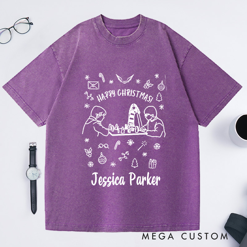 Personalized Happy Christmas Shirt Bookish Light Academia Washed T-Shirts Fantasy Book Fandom Merch Booknerd Gift Booklover Read Book Loving Tee Book Nerd Clothes