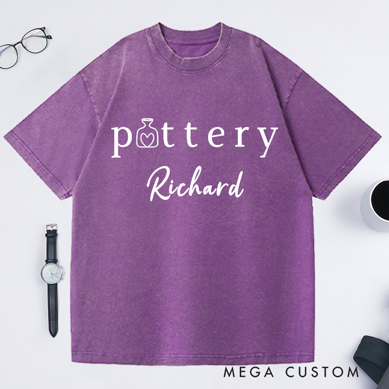 Personalized Cute Pottery Lover Washed T-Shirts for Ceramics Artist Gift for Her Birthday Gift for Crafting Tee Gift for Teacher Cute Pottery Shirt Heart and Vase