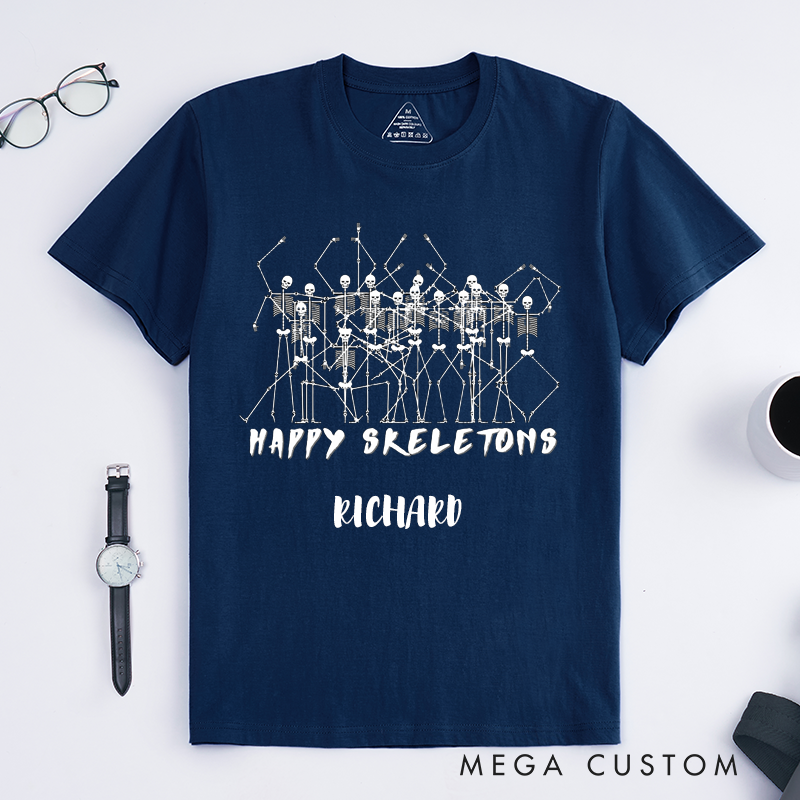 Personalized Happy Skeletons Dancing Skeletons T-Shirts Custom Name Funny Halloween Gift Unique Skeleton Tee for Men Friends Present