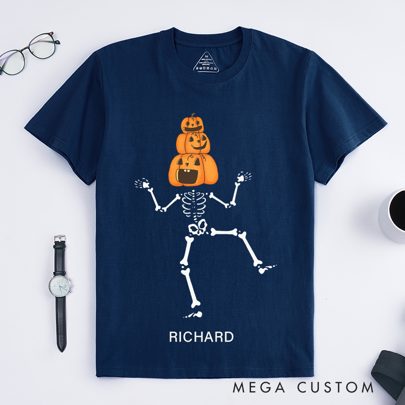 Personalized Dancing Skeleton Pumpkin Stack T-Shirts Custom Name Funny Halloween Skeleton Gift for Men Unique Spooky Fall Outfit for Friends or Family
