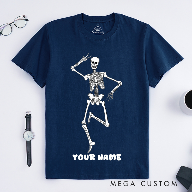 Personalized Dancing Skeleton T-Shirts Custom Name Fun Skeleton Drawing Halloween Gift for Him Unique Bone Art Shirt for Men Friends