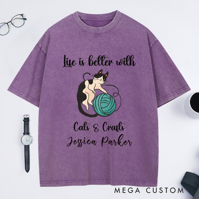 Personalized Cat Knitting Crafts Washed T-Shirts MidCentury Cat Knitting Shirt Vintage Cat T-Shirt BoHo Knitting Shirt Funny Cat Lover Shirt