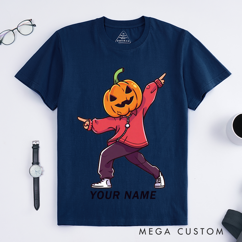 Personalized Halloween Pumpkin Head Dancing Graphic T-Shirts Custom Name Fall Gift for Men Trendy Streetwear Unique Funny for Boys and Teens