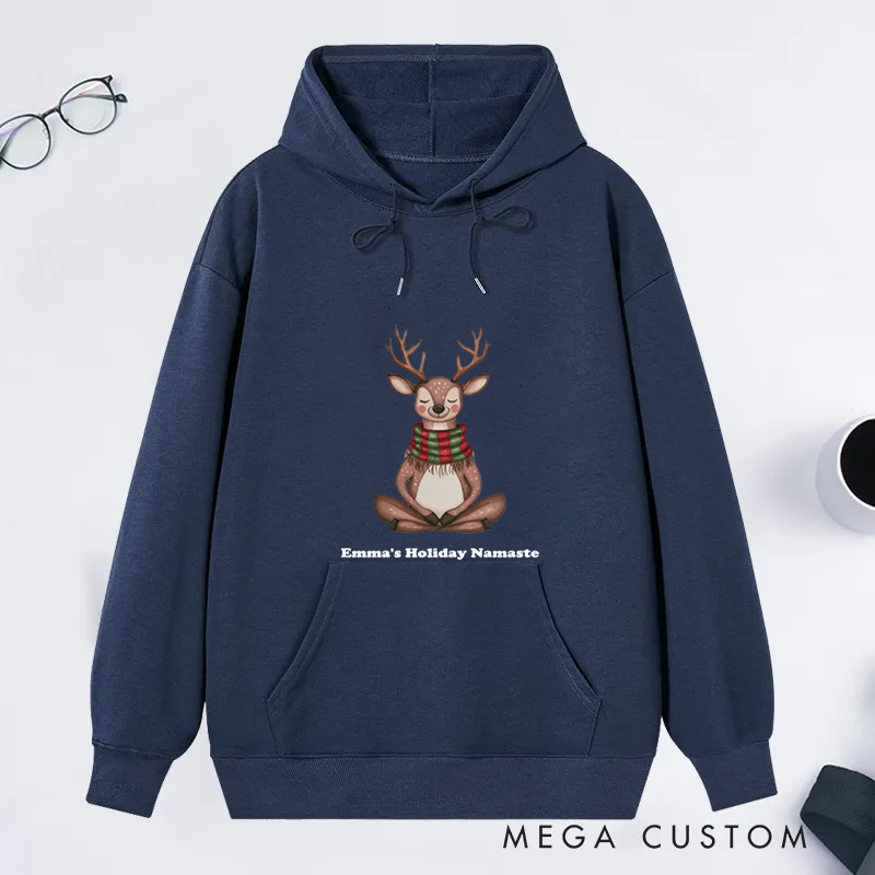 Personalized Christmas Classic Hoodie with Cute Meditating Reindeer Design Custom Name Gift Idea for Yoga Lover