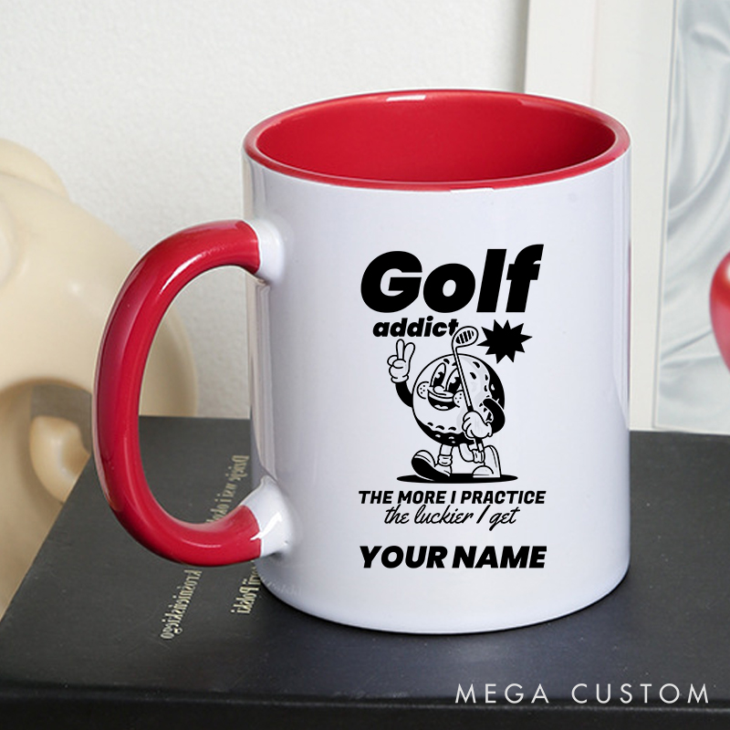 Personalized Golf Mug with Custom Name Golf Addict Design The More I Practice The Luckier I Get Durable Ceramic Two Tone Handle