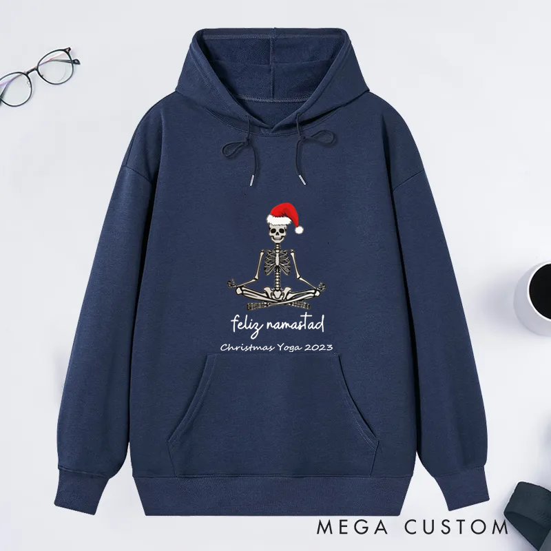 Personalized Christmas Classic Hoodie Skeleton Yoga Design with Santa Hat Custom Time Gift Idea for Yoga Lover