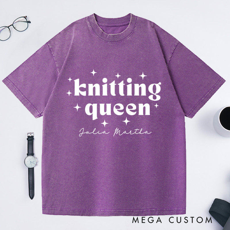 Personalized Knitting Queen Washed T-Shirts Knitter Shirt Colorful Sewing T-Shirt Womens Crochet T-Shirt Comfy Top Bright Words Tee Unique Font Shirt