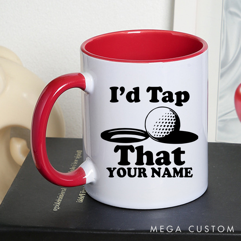Personalized golf mug with custom name and funny "I'd Tap That" design durable ceramic perfect for golf lovers and special occasions