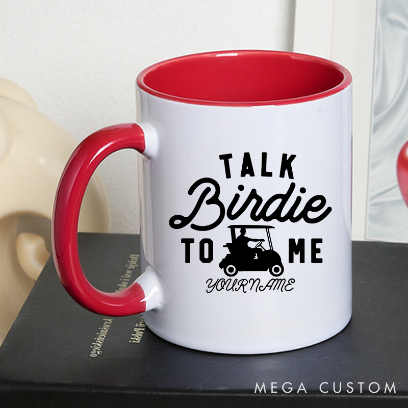 Personalized Golf Mug with Custom Name "Talk Birdie to Me" Fun Golf Cart Design Perfect Gift for Golf Lovers