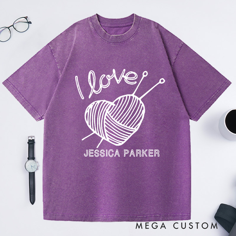Personalized I Love Knitting Washed T-Shirts Gifts for Knitter Grandma Shirt Grandma Knit Tee Custom Tee