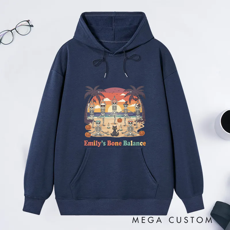 Personalized Funny Halloween Beach Theme Classic Hoodie with Bone Balance and Skeleton Yoga Design Custom Name Gift Idea for Yoga Lover