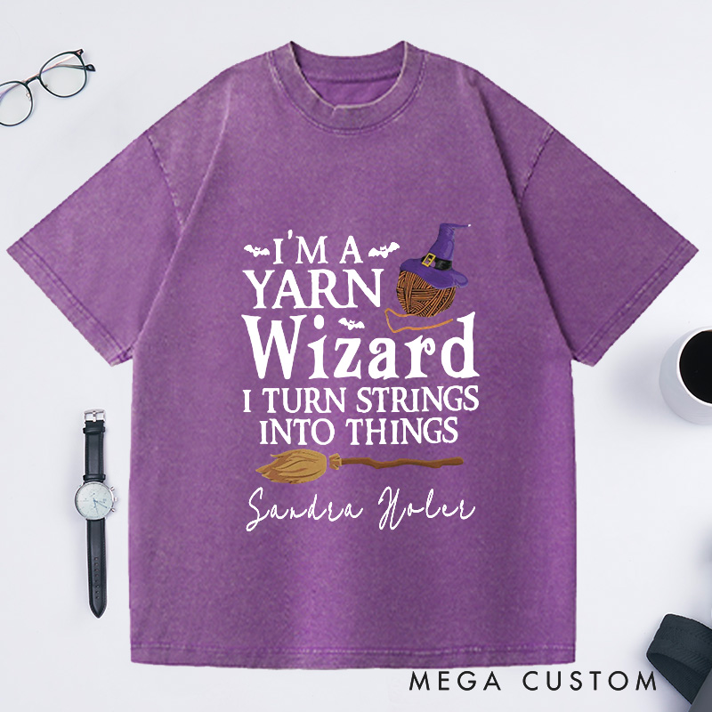 Personalized I'm a Yarn Wizard Washed T-Shirts Knit T-Shirt Knitting Gift Knitter Gifts Custom Tee
