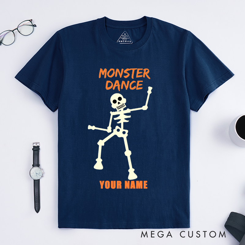 Personalized Skeleton Dance T-Shirt Custom Name Halloween Glow in the Dark Funny Gift for Men Unique Spooky Customizable Present