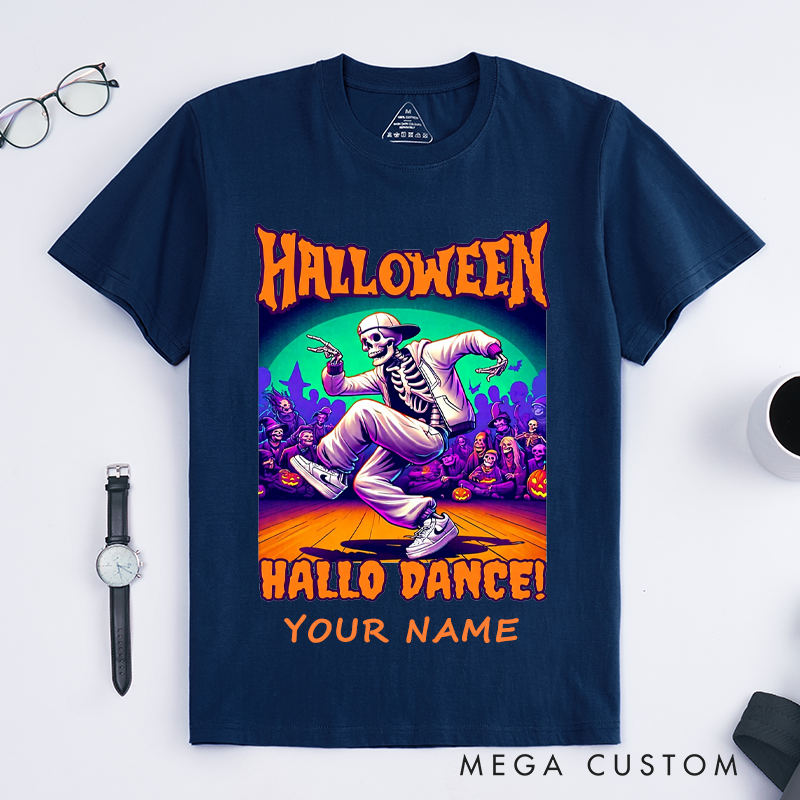 Personalized Halloween Skeleton Dance T-Shirts Custom Name Hip Hop Breakdance Shirt Spooky Gift for Men Unique Halloween Outfit for Boys