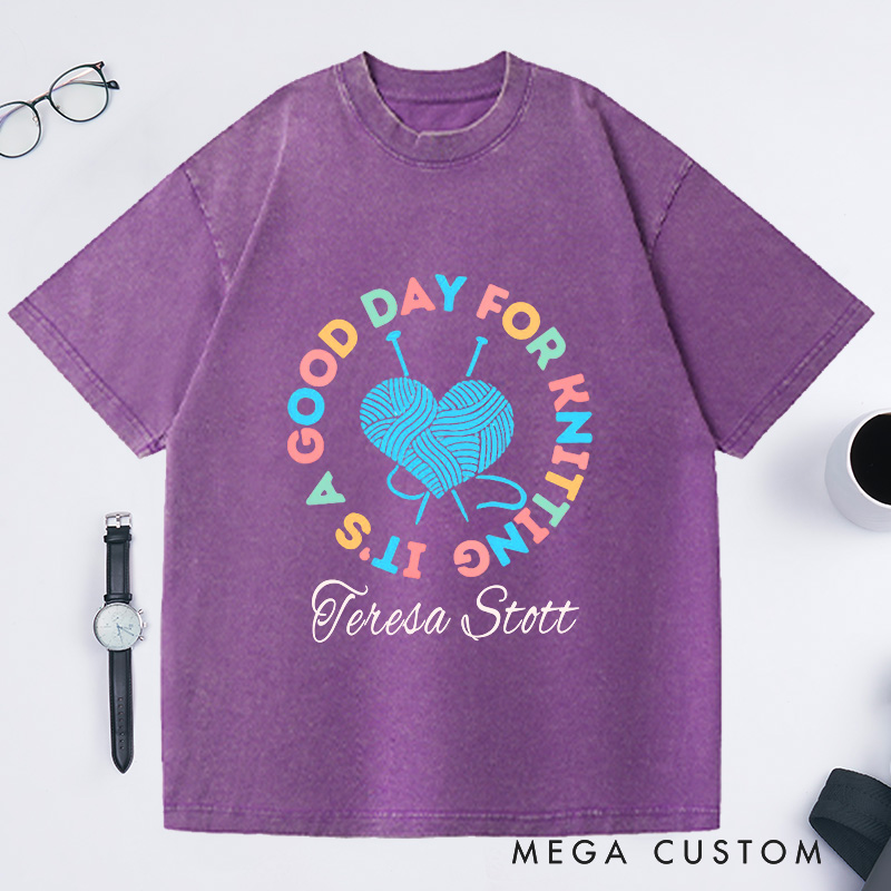 Personalized It's a Good Day for Knitting Washed T-Shirts Gift for Knitter Knit Shirt Gift for Grandma