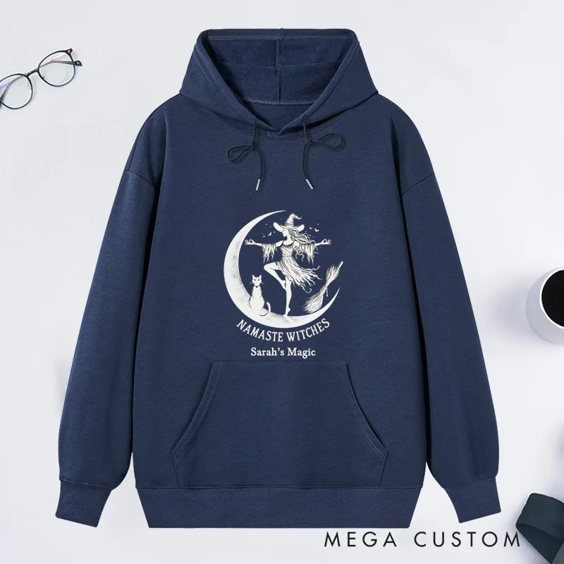 Personalized Namaste Witches Classic Hoodie with Elegant Witch and Moon Design Custom Name Gift Idea for Yoga Lover