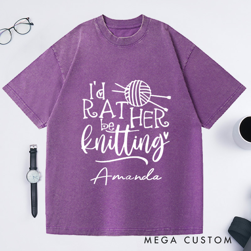 Personalized Knitting Lover Washed T-Shirts Knitter Shirt Knitting Gift Love to Knit I'd Rather Be Knitting Tee Cute Knit Lover