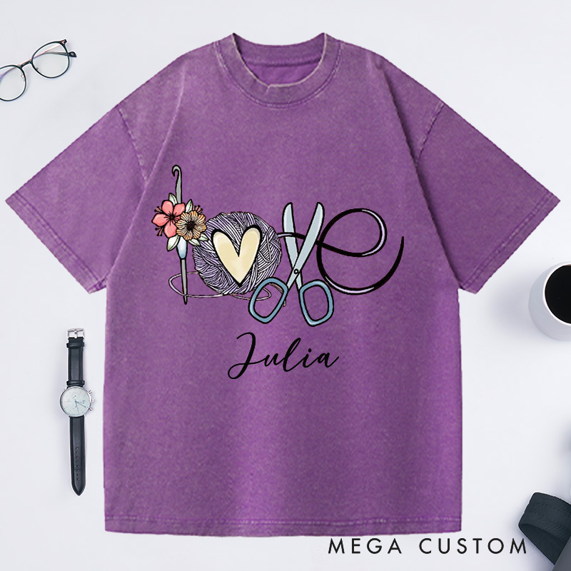 Personalized Love Crochet Washed T-Shirts Funny Crochet T-Shirt Crocheting Lovers Custom Tee