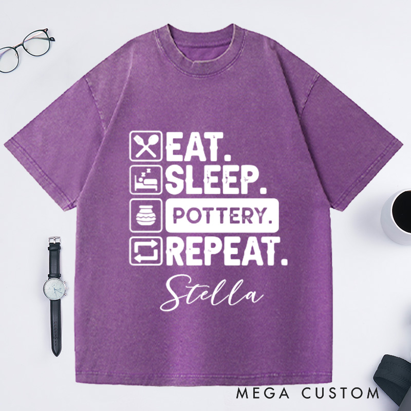 Personalized Eat Sleep Pottery Repeat Washed T-Shirts Gift for Potter Potters Shirt Clay Tshirt Custom Tee