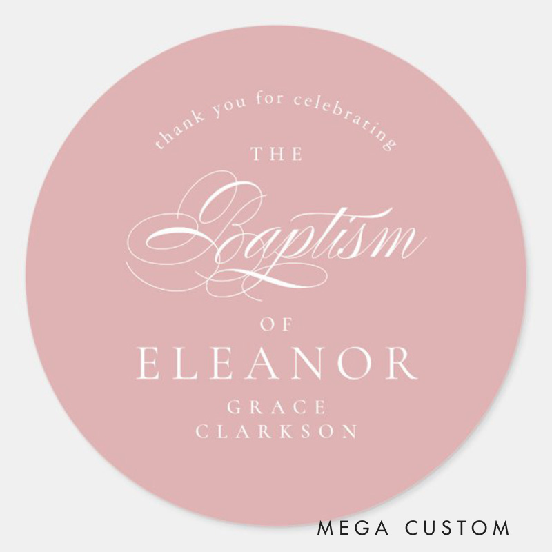 Personalized Pink Elegant Calligraphy Baptism Thank You Classic Round Sticker with Name Religious Gift Baptism Gift