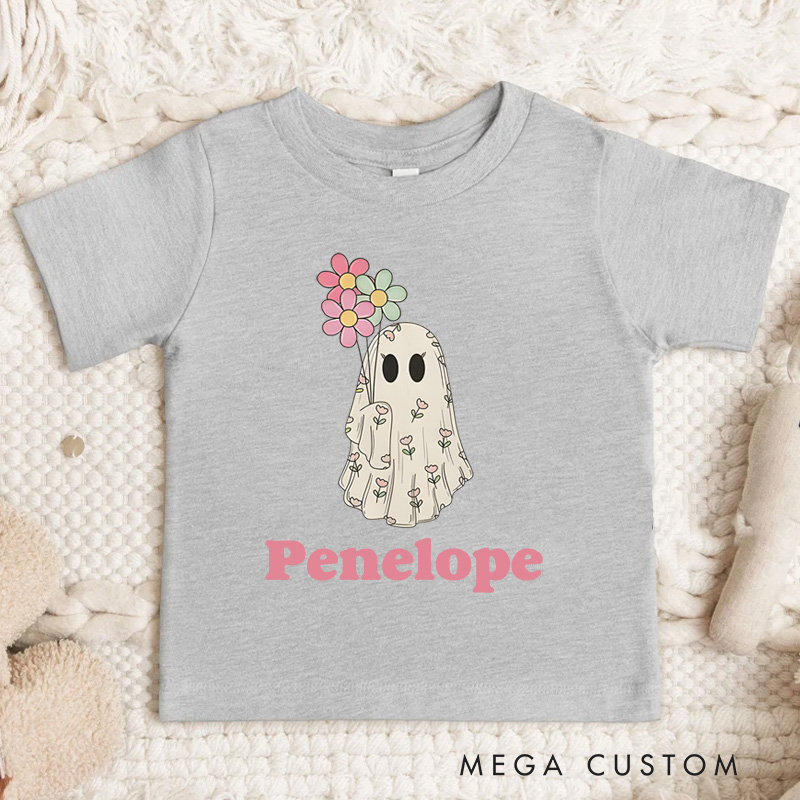 Personalized Girls Ghost Name Toddler T-Shirt Cute Fall Girls T-Shirt with Ghost Hallown Gift