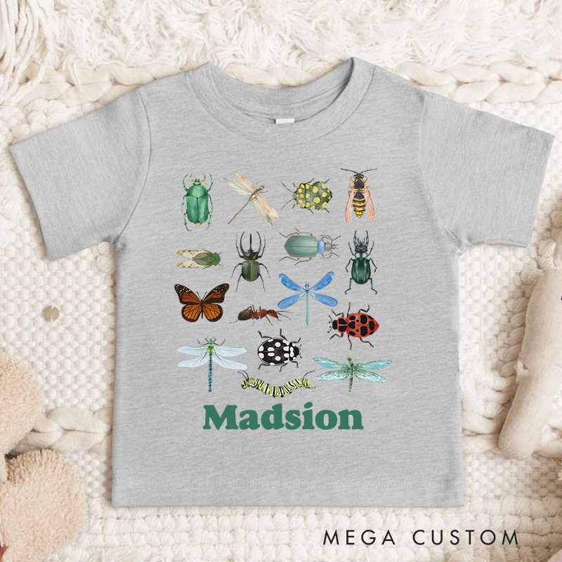 Personalized Retro Bugs Toddler T-Shirt Cute Entomology Children's Clothing Boho Natural Kids and Youth T-Shirt