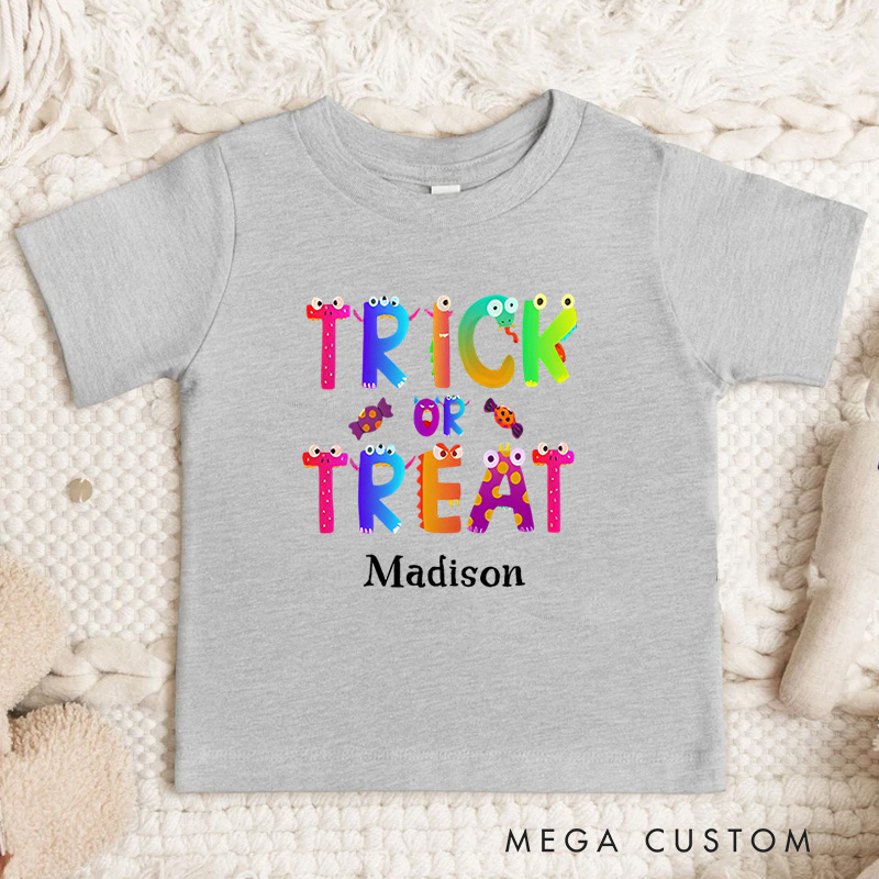 Personalized Trick or Treat Halloween Shirt for Kids Perfect for Fun and Colorful Outfits During the Spooky Season Kids T-Shirt