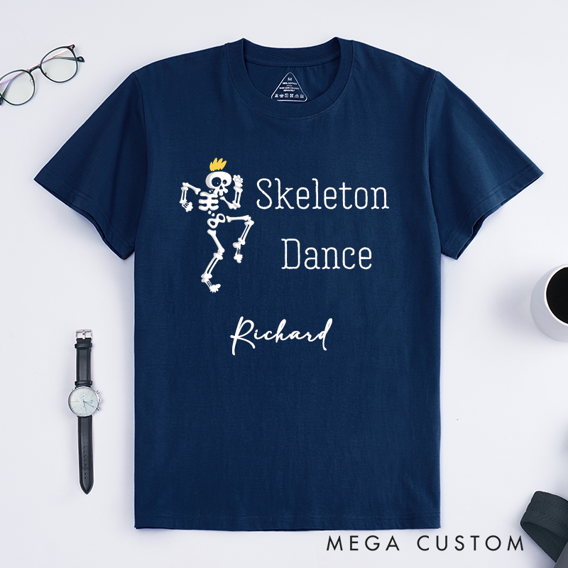 Personalized Funny Skeleton Dance Graphic T-Shirts Unique Dancing Skeleton Gift for Men Custom Name Halloween Clothing for Him
