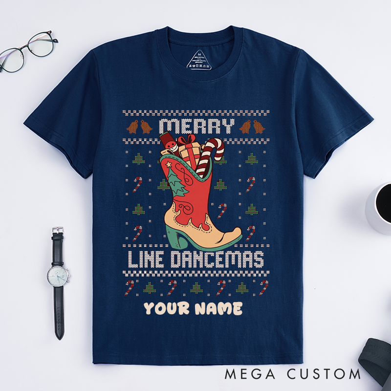 Personalized Merry Line Dancemas Christmas Cowboy Boot T-Shirts Unisex Custom Gift for Line Dance Lovers Fans