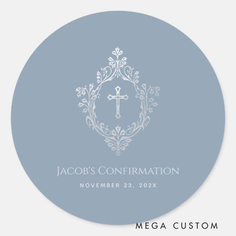 Personalized Boy Confirmation Dusty Blue Religious Cross Crest Classic Round Sticker with Name and Date Religious Gift Confirmation Gift
