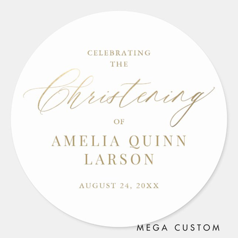 Personalized Simple Elegant Gold Calligraphy Script Christening Classic Round Sticker with Name and Date Religious Gift Baptism Gift