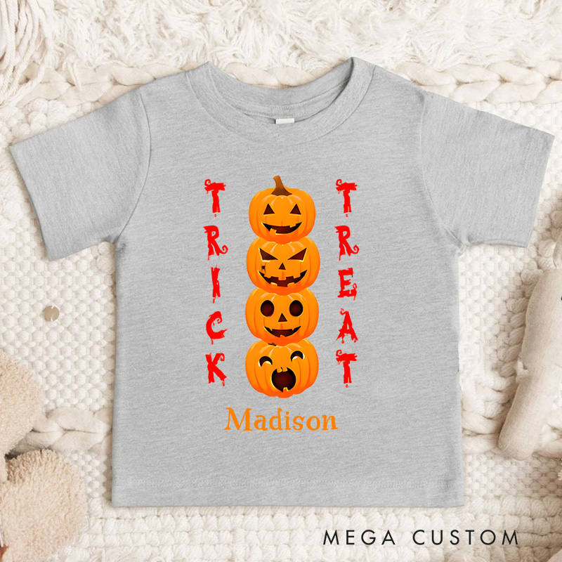 Personalized Trick or Treat Pumpkin Tower Halloween Shirt for Kids Perfect for Fun and Colorful Seasonal Celebrations Kids T-Shirt