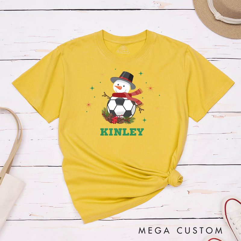 ersonalized Snowman Soccer T-Shirt with Custom Name Design for Christmas