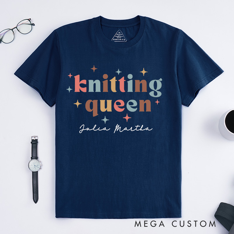 Personalized Knitting Queen Classic T-Shirts Knitter Shirt Colorful TShirt Womens Comfy Top Bright Words Tee Unique Font Shirt