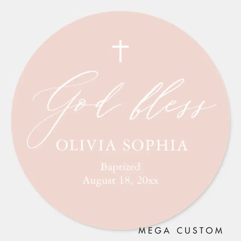 Personalized God Bless Dusty Pink White Cross Girl Religious Baptism Classic Round Sticker with Name and Date Religious Gift Baptism Gift
