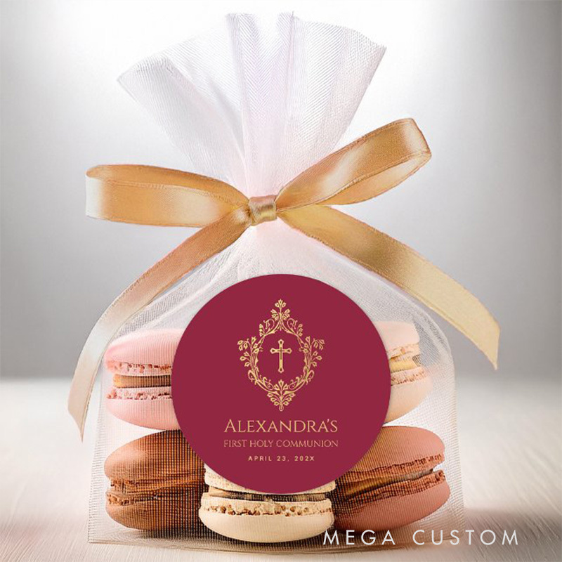 Personalized Girl First Communion Burgundy Gold Crest Religious Classic Round Sticker with Name and Date Religious Gift First Communion Gift