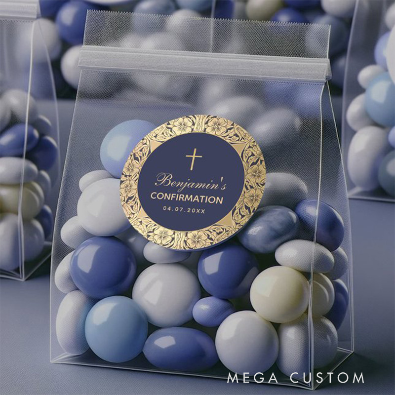 Personalized Boy Confirmation Vintage Gold Roses Navy Blue Classic Round Sticker with Name and Date Religious Gift Confirmation Gift