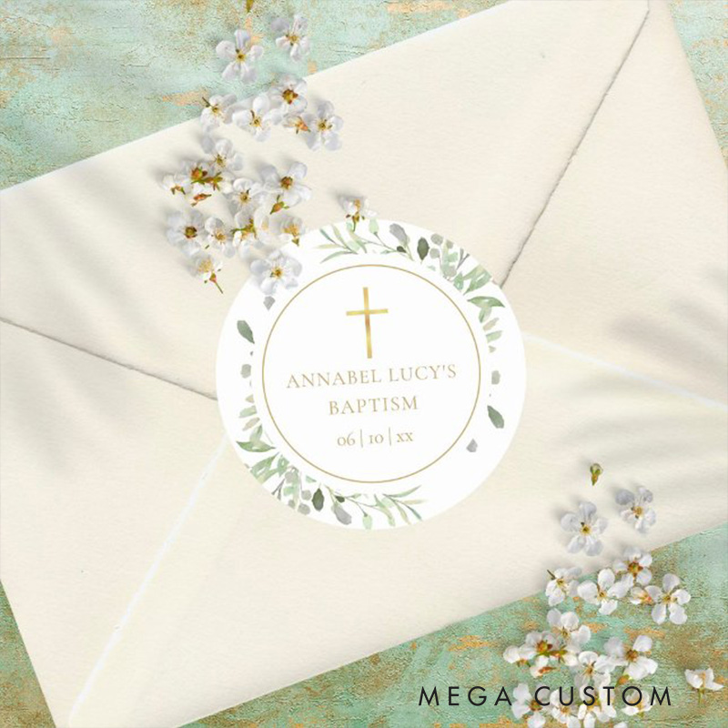Personalized Watercolor Greenery Gold Cross Baptism Christening Classic Round Sticker with Name and Date Religious Gift Baptism & Christening Gift