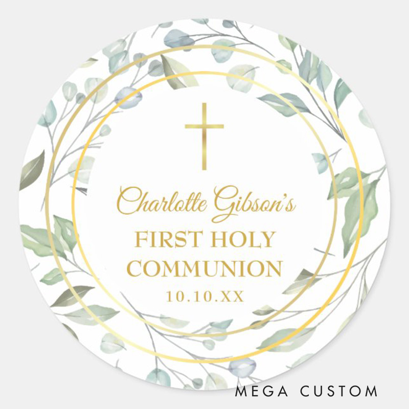 Personalized Laurel Garland Faux Gold Foil First Holy Communion Classic Round Sticker with Name and Date Religious Gift First Communion Gift