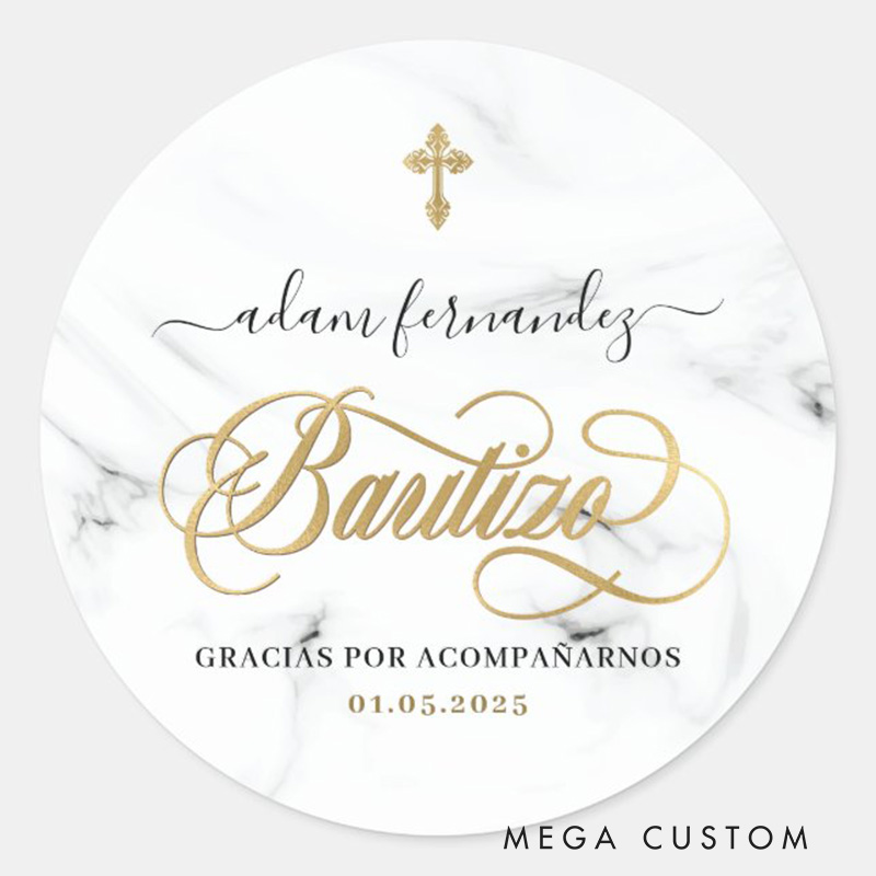 Personalized Spanish De Bautizo Gracias Gold Classic Round Sticker with Name and Date Religious Gift